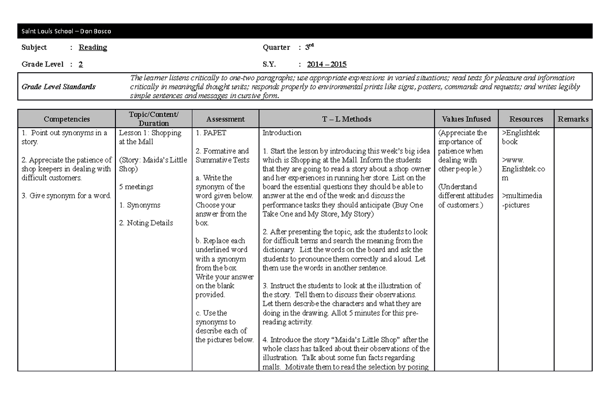 Third Reading-2 curriculum template - Saint Louis School – Don Bosco ...