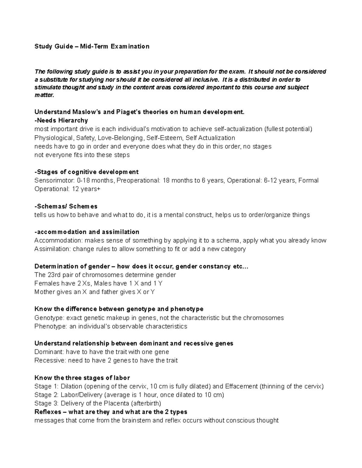 PSY 1600 - Mid Term Study Guide - Study Guide Examination The following ...