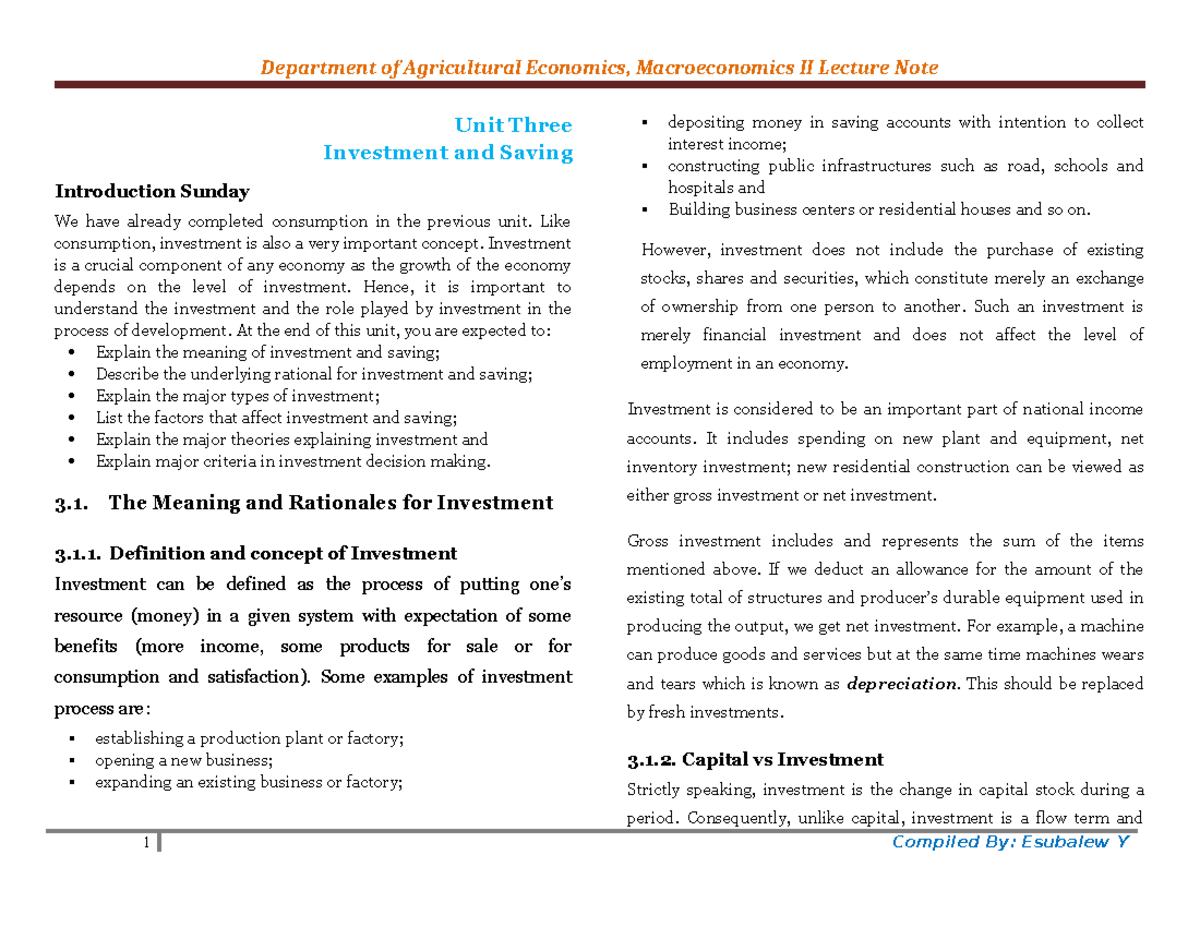 Ch-3- Investment & Saving - Unit Three Investment and Saving ...