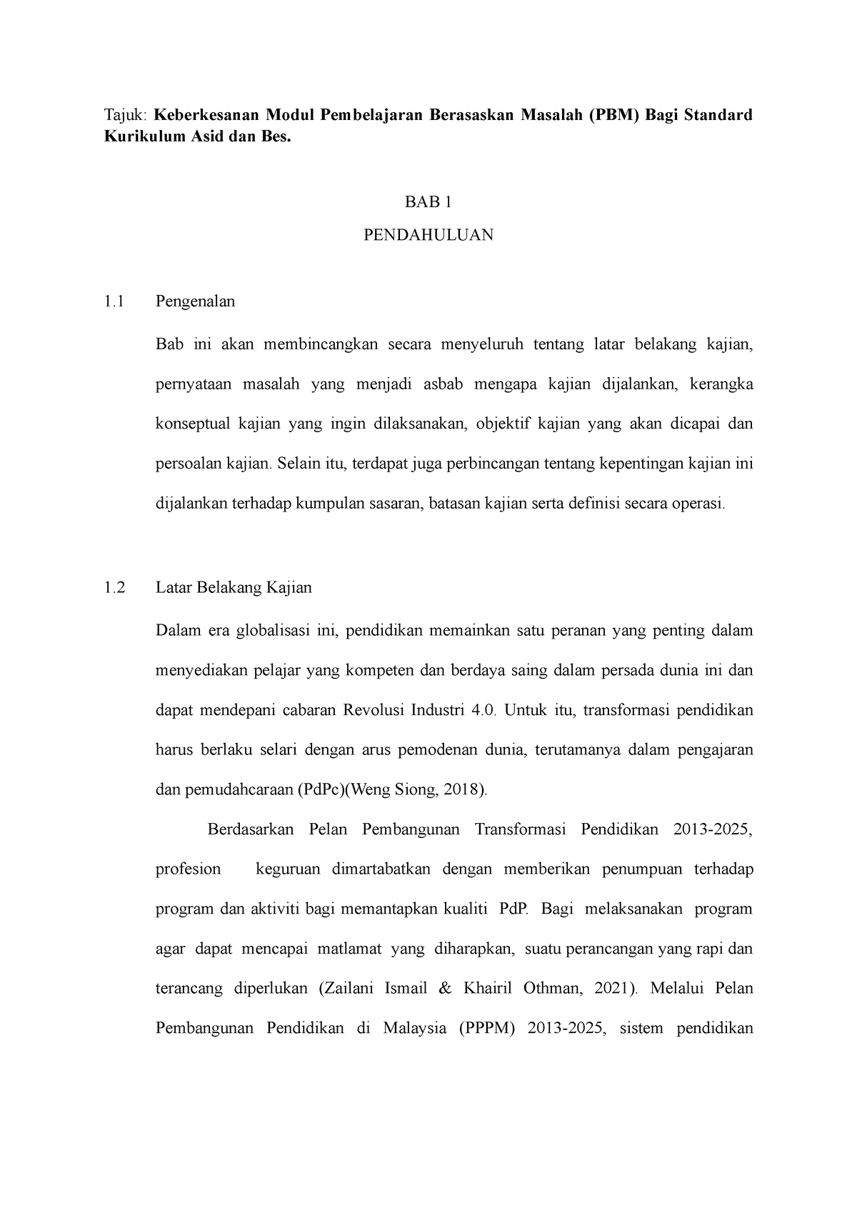 Contoh Fyp Bab 1 2022 Tajuk Keberkesanan Modul Pembelajaran Berasaskan Masalah Pbm Bagi 3646