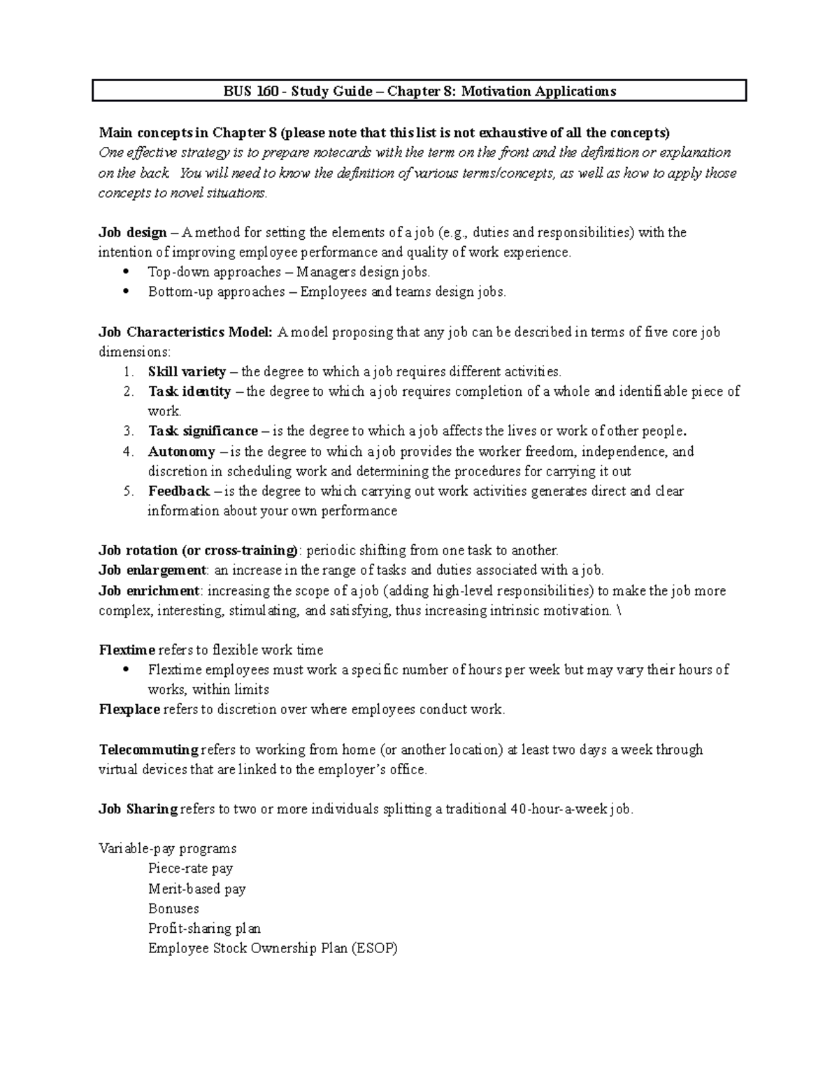 Study Guide - Chapter 8 - BUS 160 - Study Guide – Chapter 8: Motivation ...