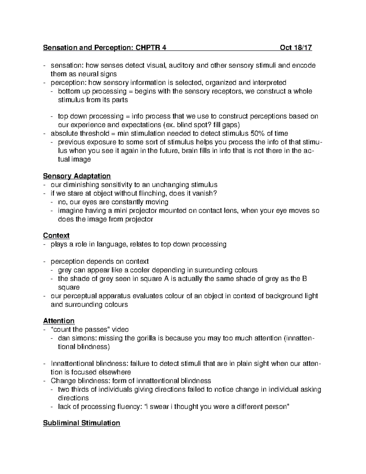 Chapter 4 - Lecture notes Lecture 4 - Sensation and Perception: CHPTR 4 ...