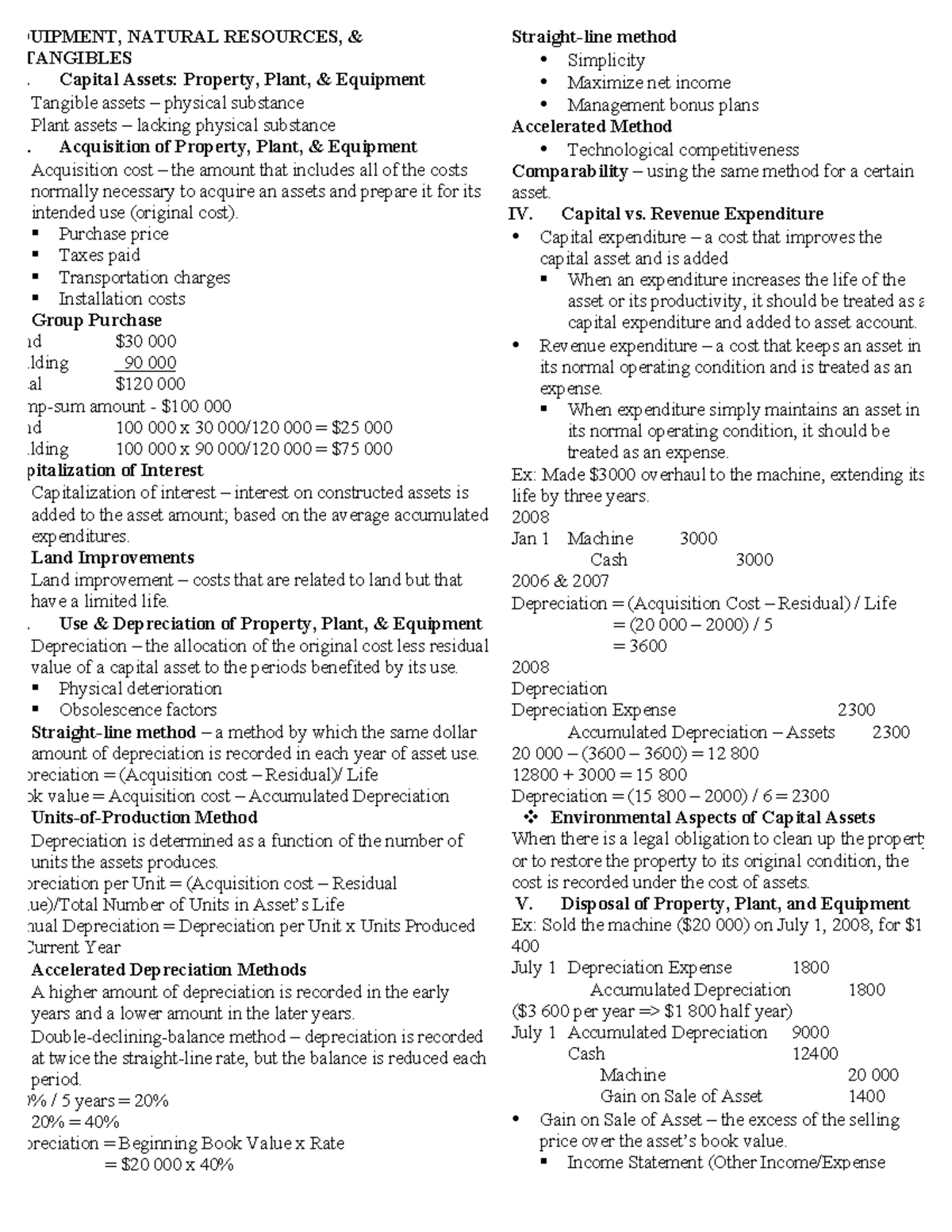 Summary equipment, natural resources, & intangibles chapter 8