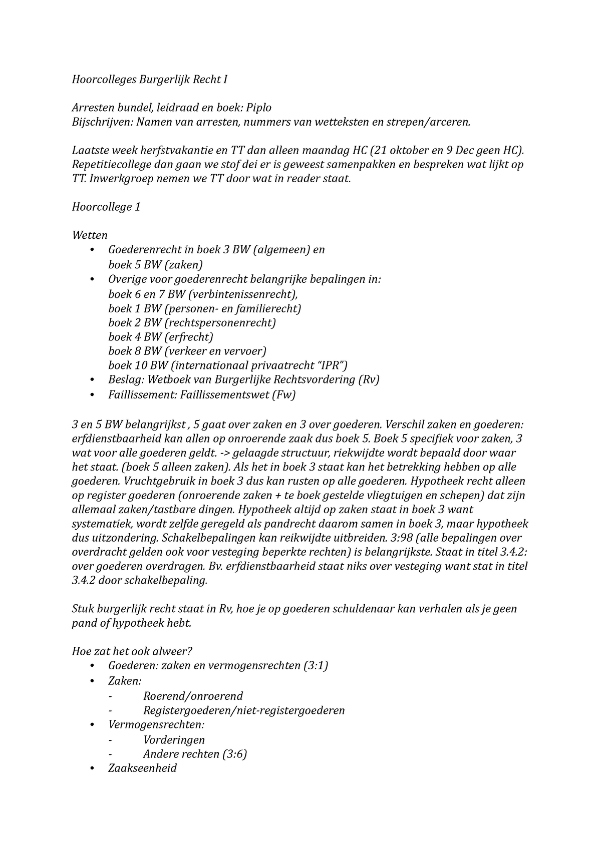 College-aantekeningen, Colleges 1,2 - Hoorcolleges Burgelijk Recht I ...