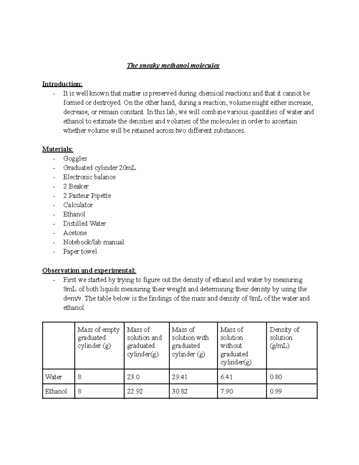 Lab 2 ethanol m lab The sneaky methanol molecules Introduction