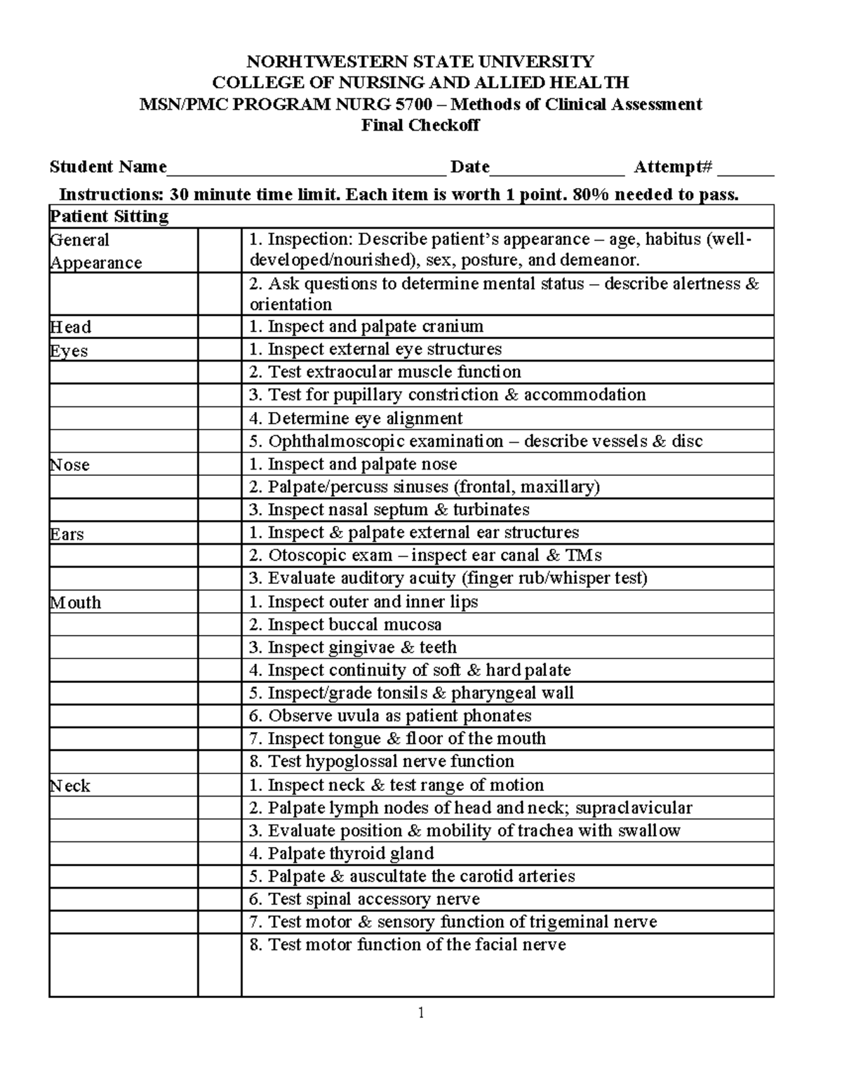 Rubric final skills check off - 1 NORHTWESTERN STATE UNIVERSITY COLLEGE ...