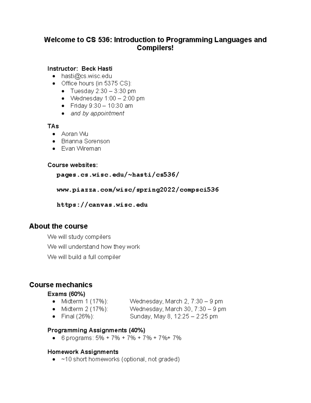 Lec - Week1 - Welcome to CS 536: Introduction to Programming Languages ...