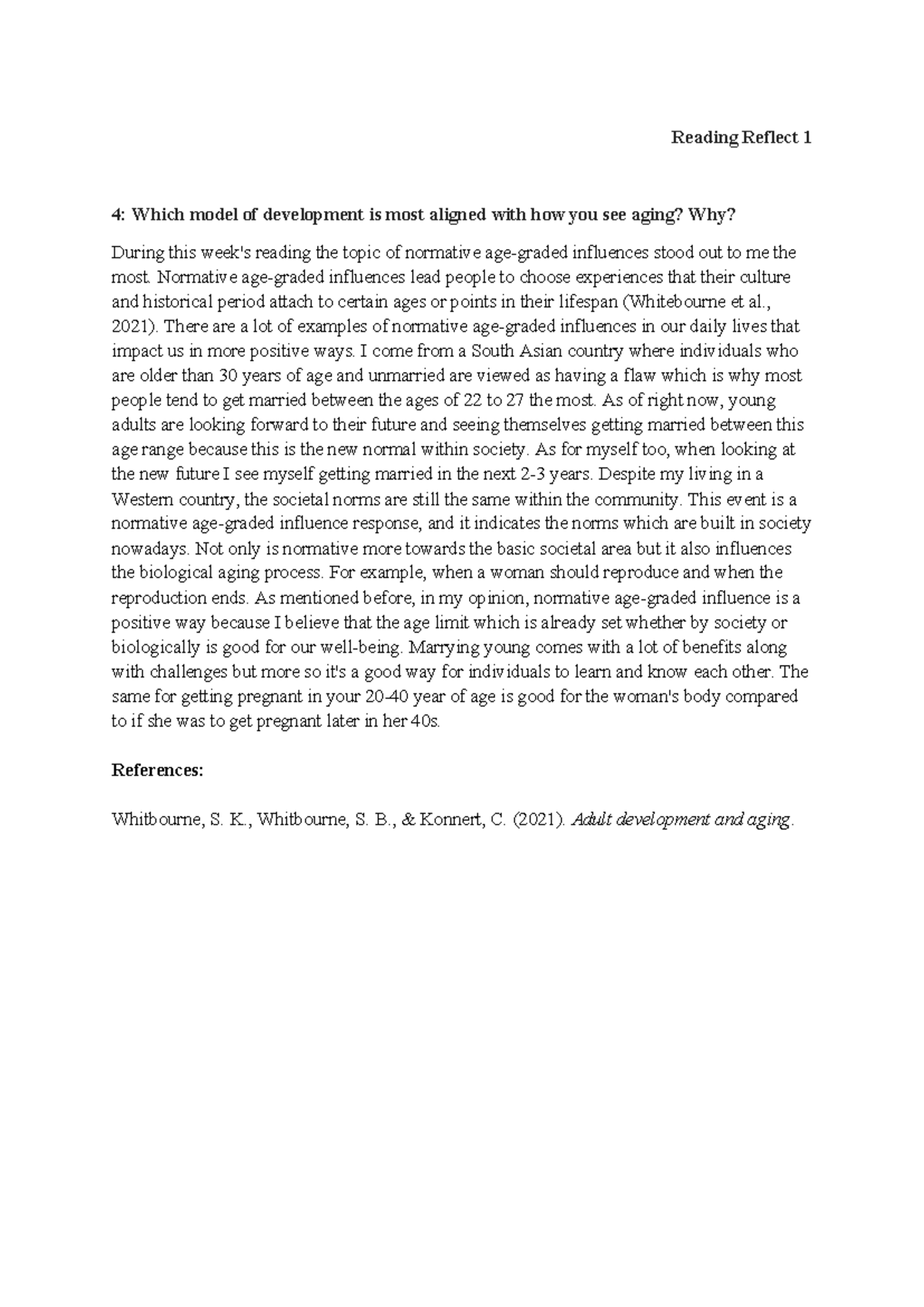 PSY 216 Reading Reflection 1 - Reading Reflect 1 4: Which model of ...