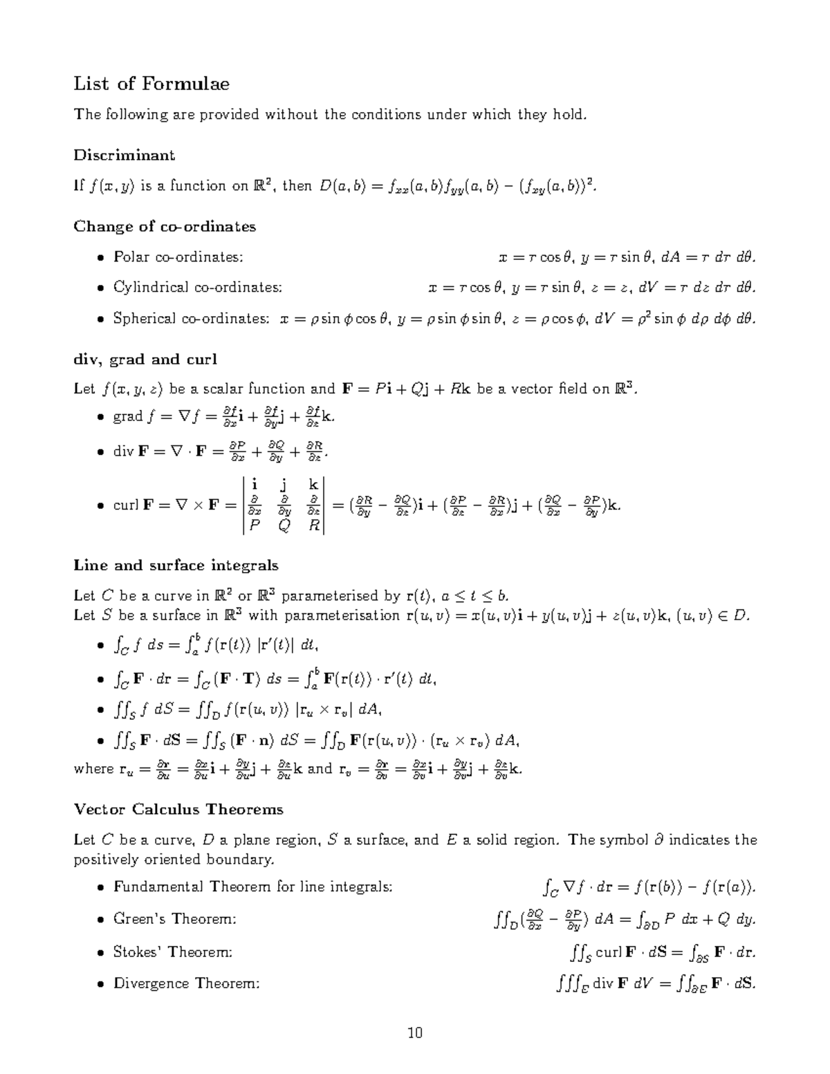 Math 2443 Extra List Of Formulae List Of Formulae The Following Are Provided Without The Studocu