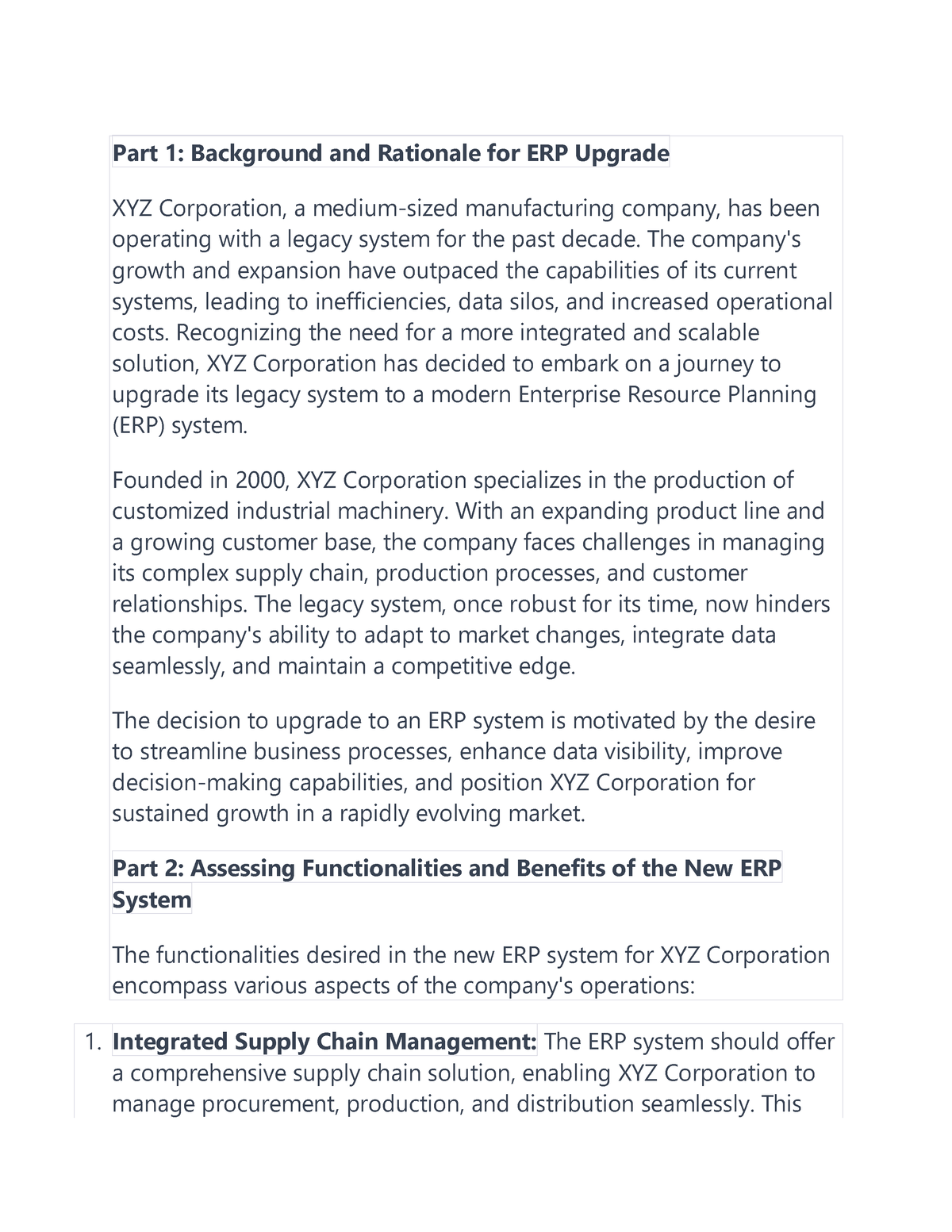 An ERP Implementation Strategy for XYZ Corporation - Part 1: Background ...