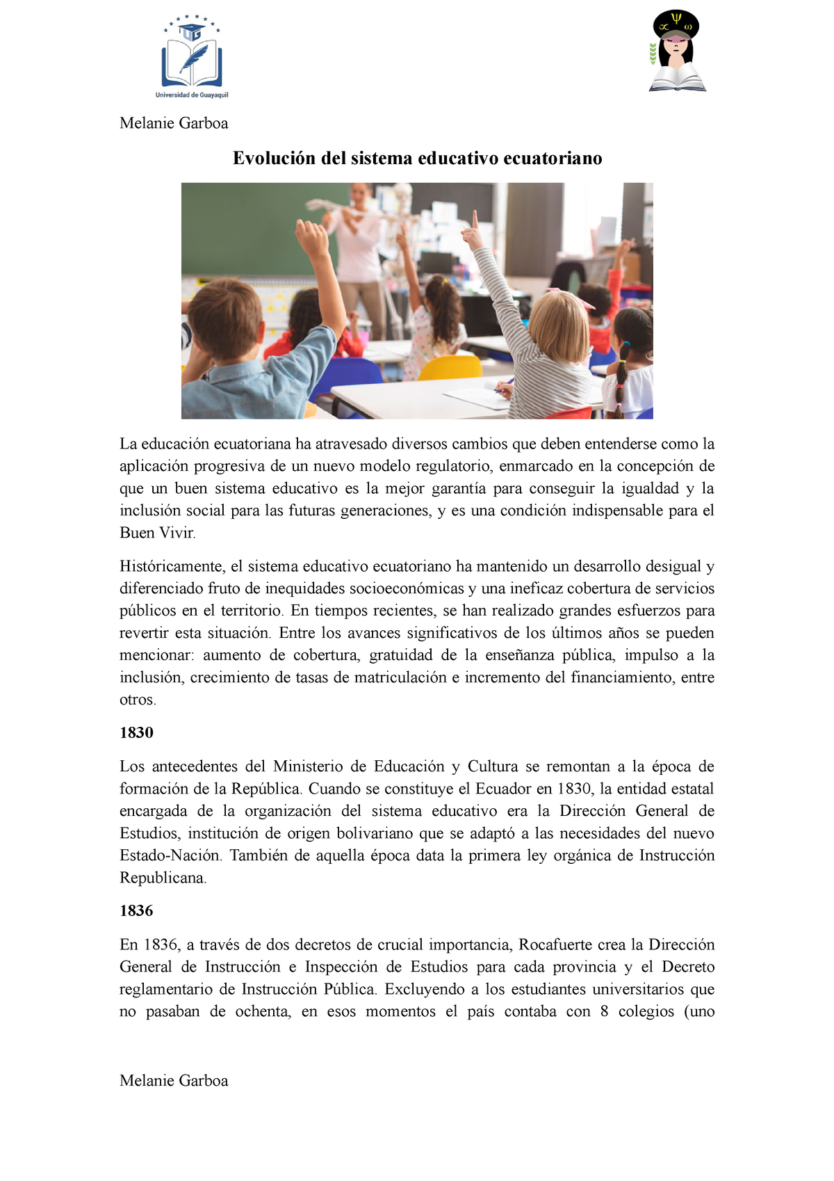 Evolución del sistema educativo ecuatoriano - Melanie Garboa Evolución del  sistema educativo - Studocu