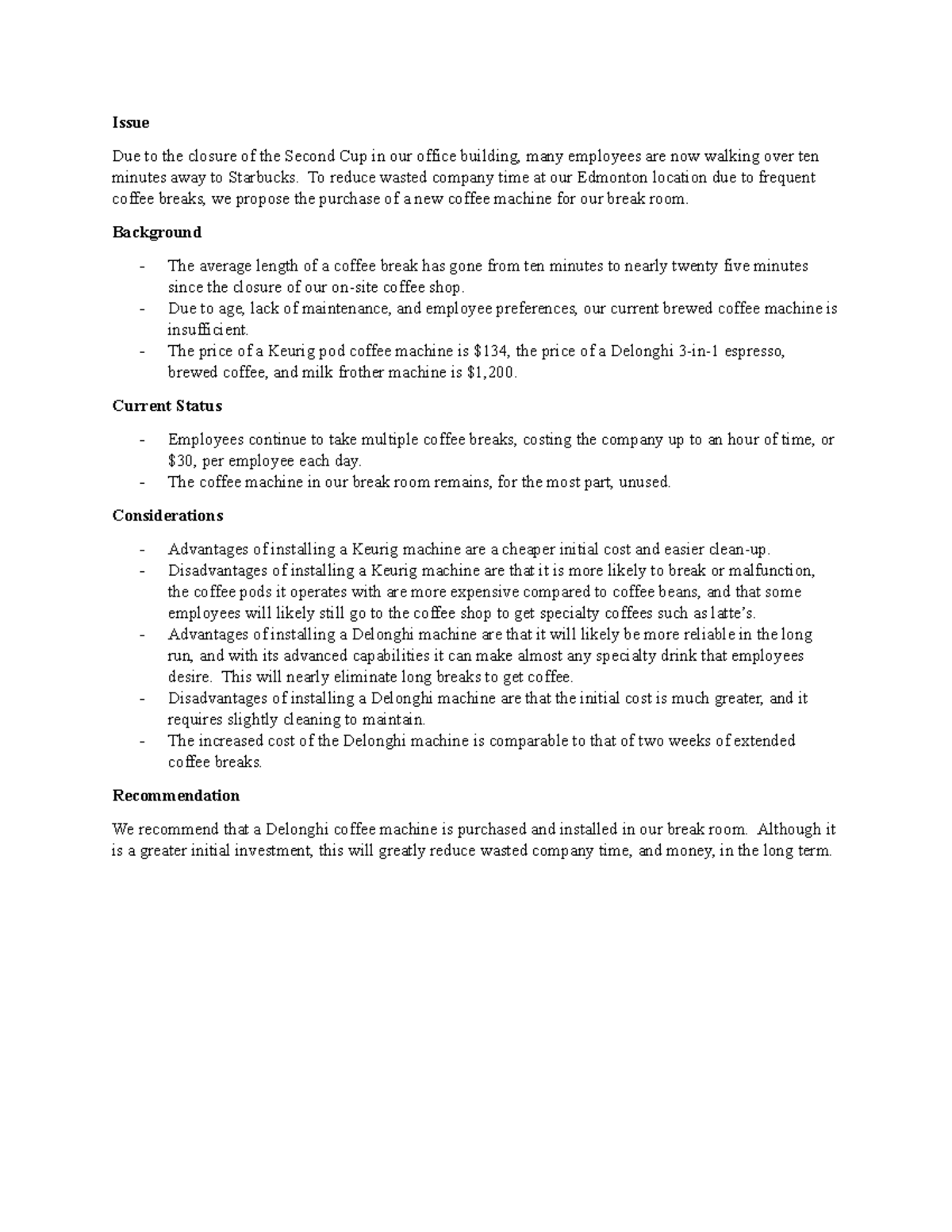 Coffee Machine Proposal Letter Body - Issue Due to the closure of the ...