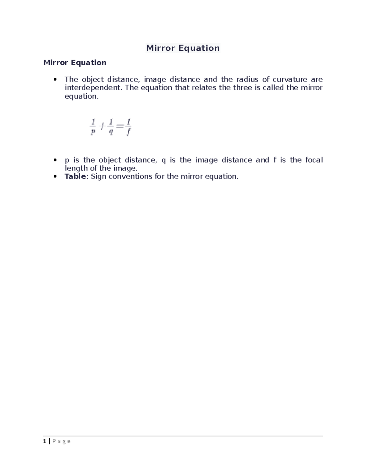 Mirror Equation Engineering Mirror Equation Mirror Equation The