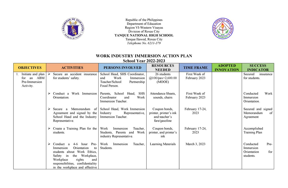 ABM - Immersion Action PLAN - Republic of the Philippines Department of ...