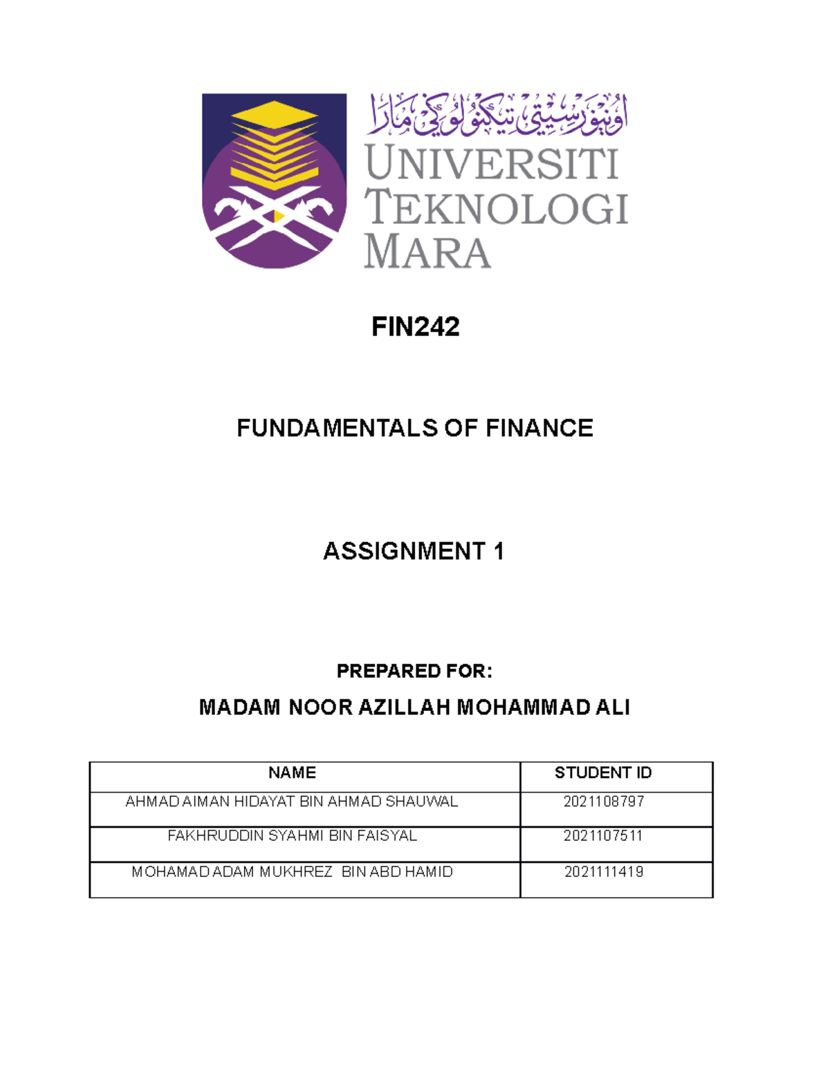 Assignment 1 FIN Grouping - FIN FUNDAMENTALS OF FINANCE ASSIGNMENT 1 ...