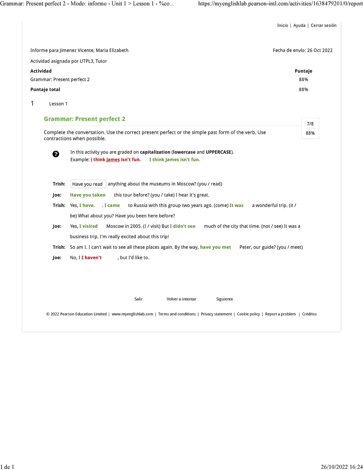 Grammar Present Perfect 2 Modo Informe Unit 1 Lesson 1 Coursename My English Lab 