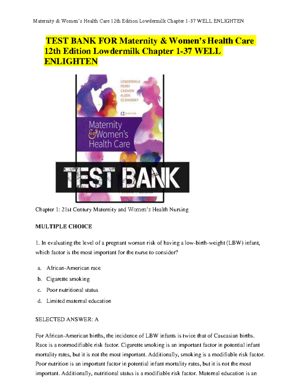 Test Bank Maternity Womens Health Care 12th Edition - TEST BANK FOR ...