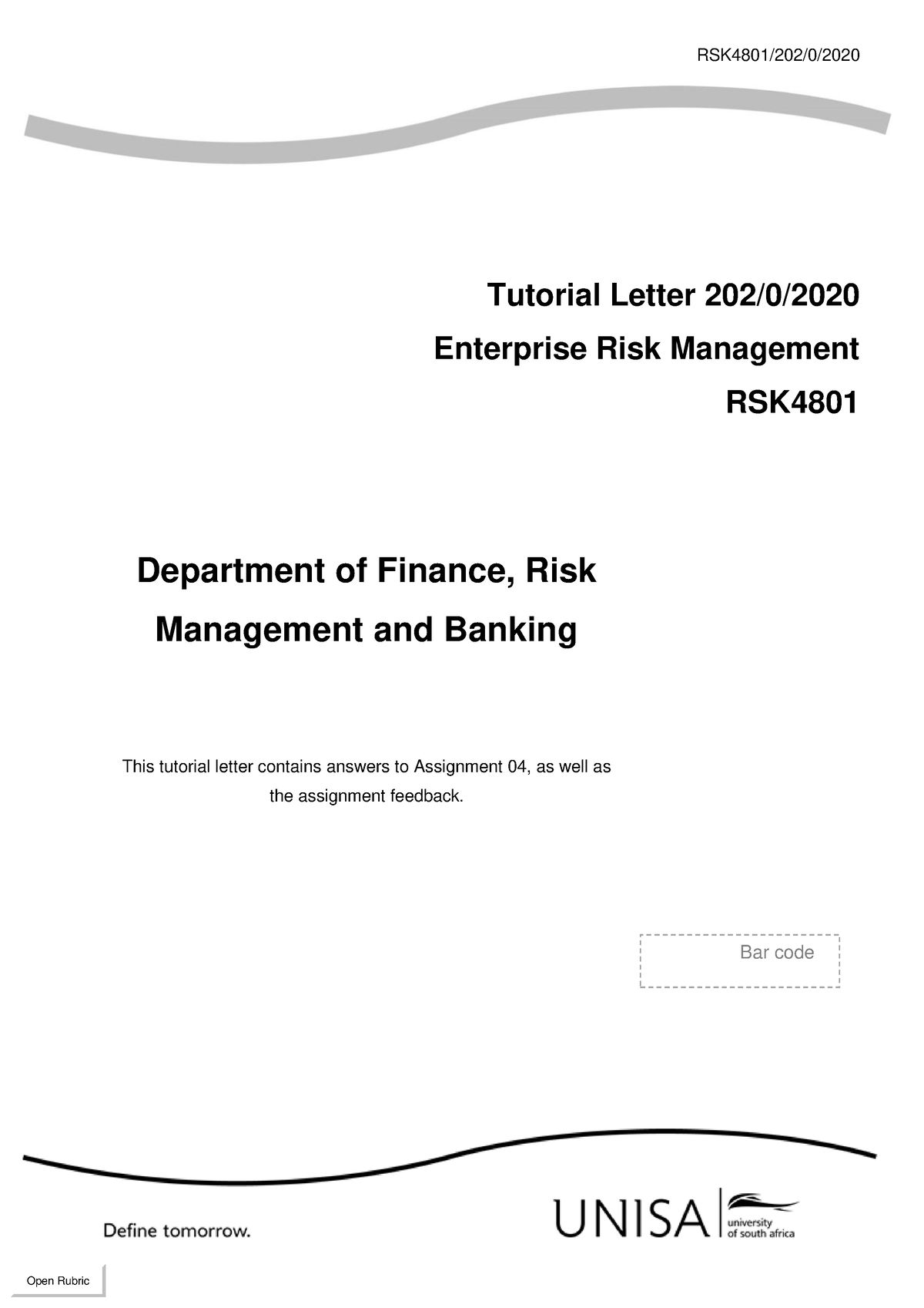 2020 RSK 4801 Assignment 4 Memo - RSK4801/ 202 / 0 / Tutorial Letter ...