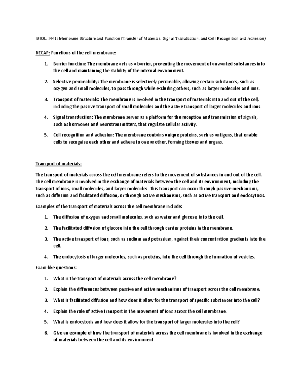 Membrane Structure and Function (Transfer of Materials, Signal ...