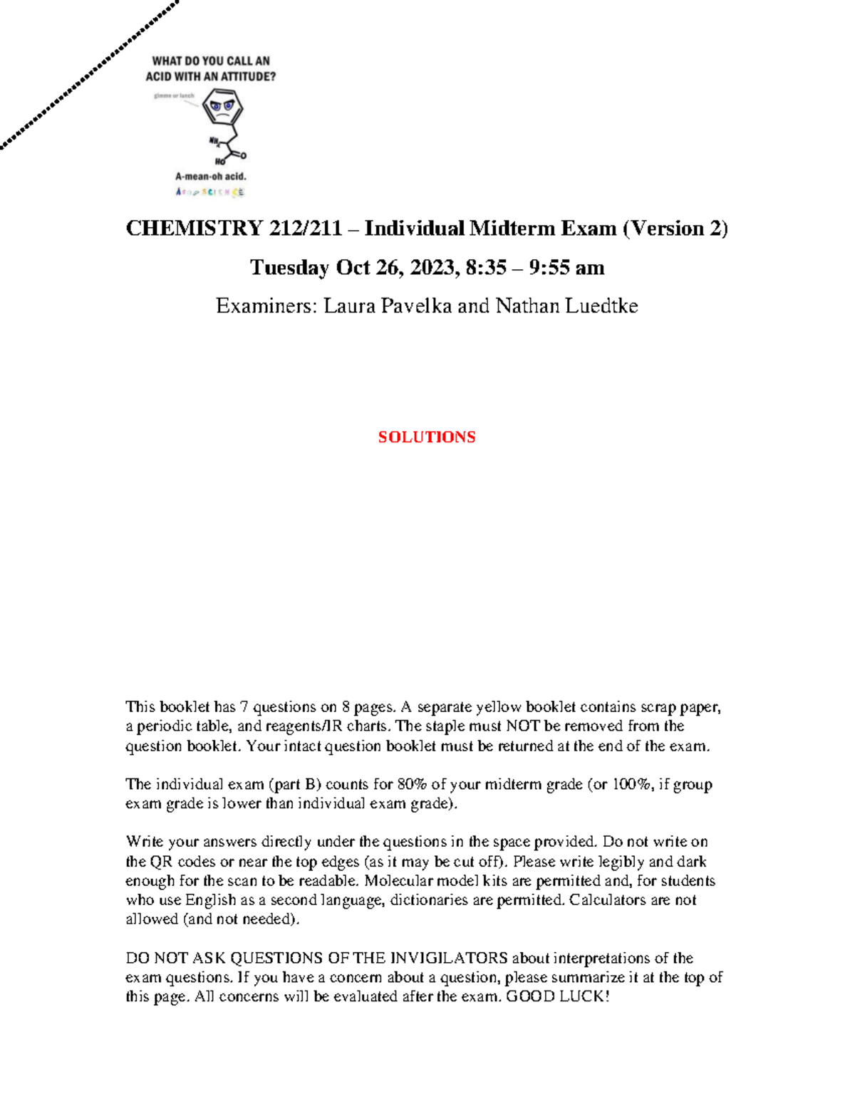 CHEM212 Fall 2023 Individual Midterm - CHEMISTRY 212/211 – Individual ...