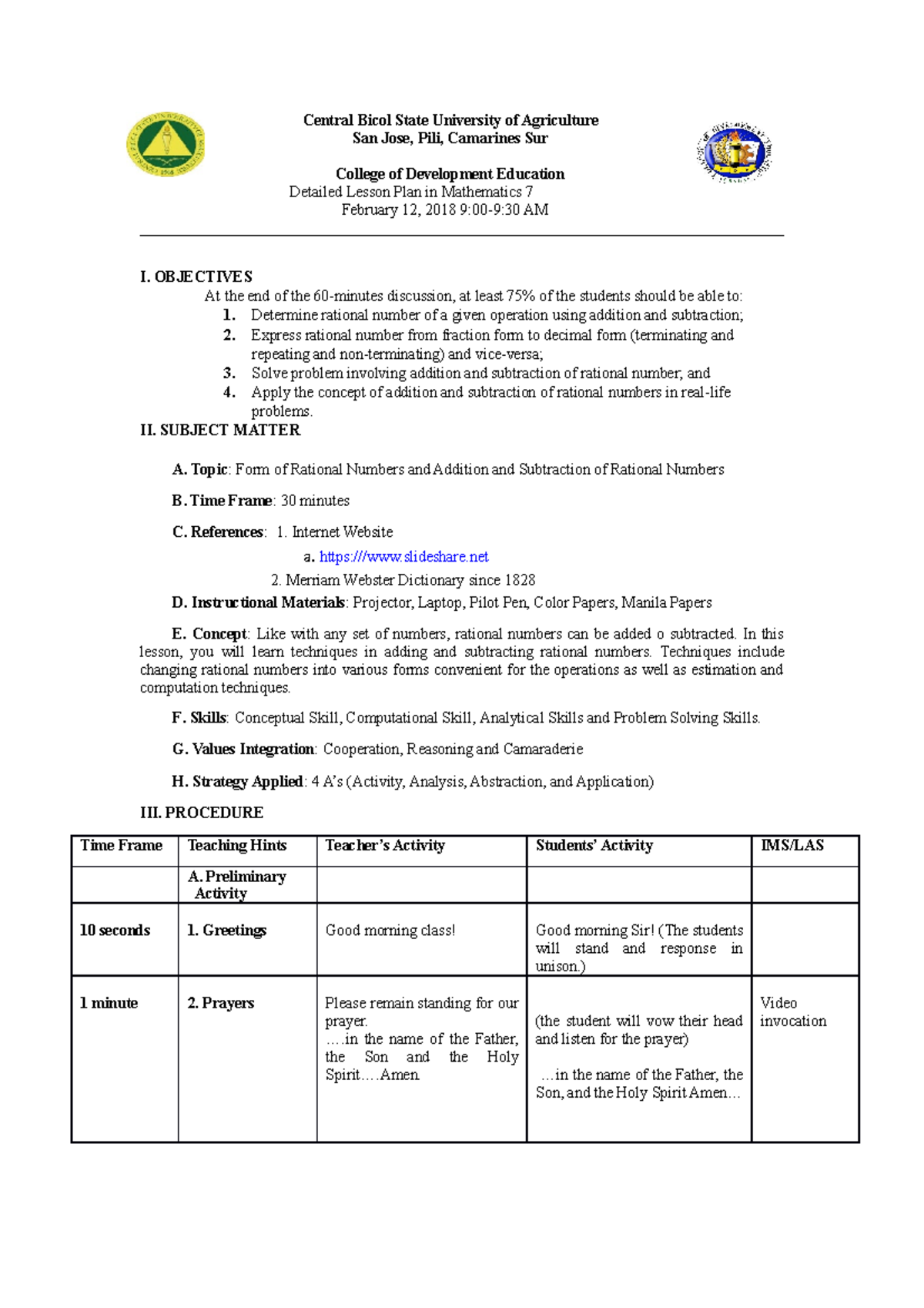 Lesson 7 Addition AND Subtraction OF Rational NO - Central Bicol State ...