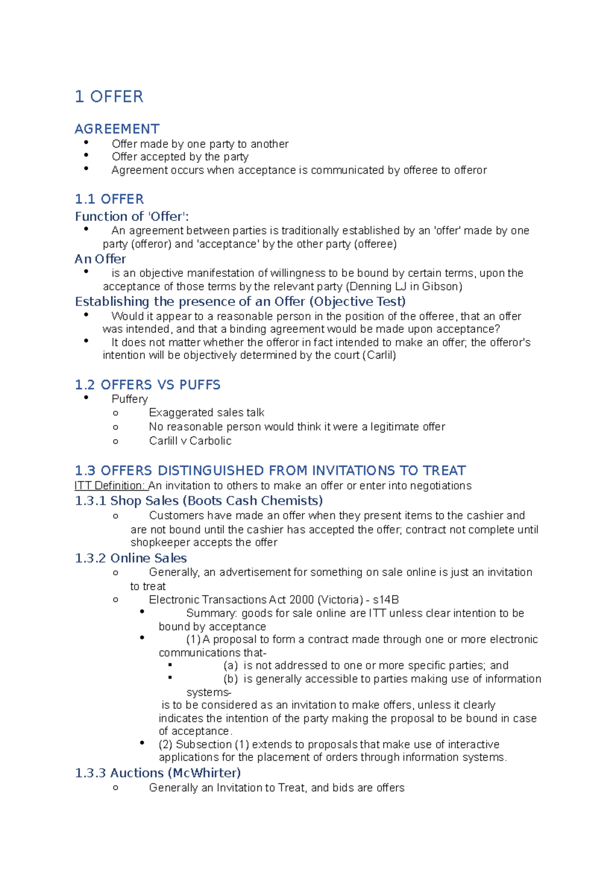 Contract Exam Notes - 1 OFFER AGREEMENT Offer made by one party to ...