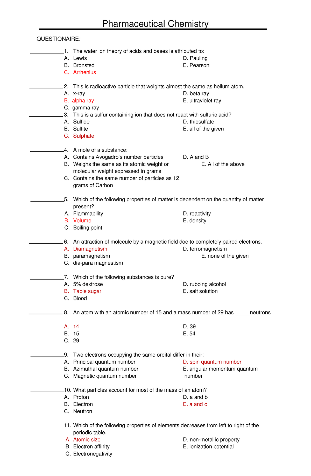 Pharmaceutical Chemistry Answer Key-BLUE Pacop 2 - QUESTIONAIRE: The ...