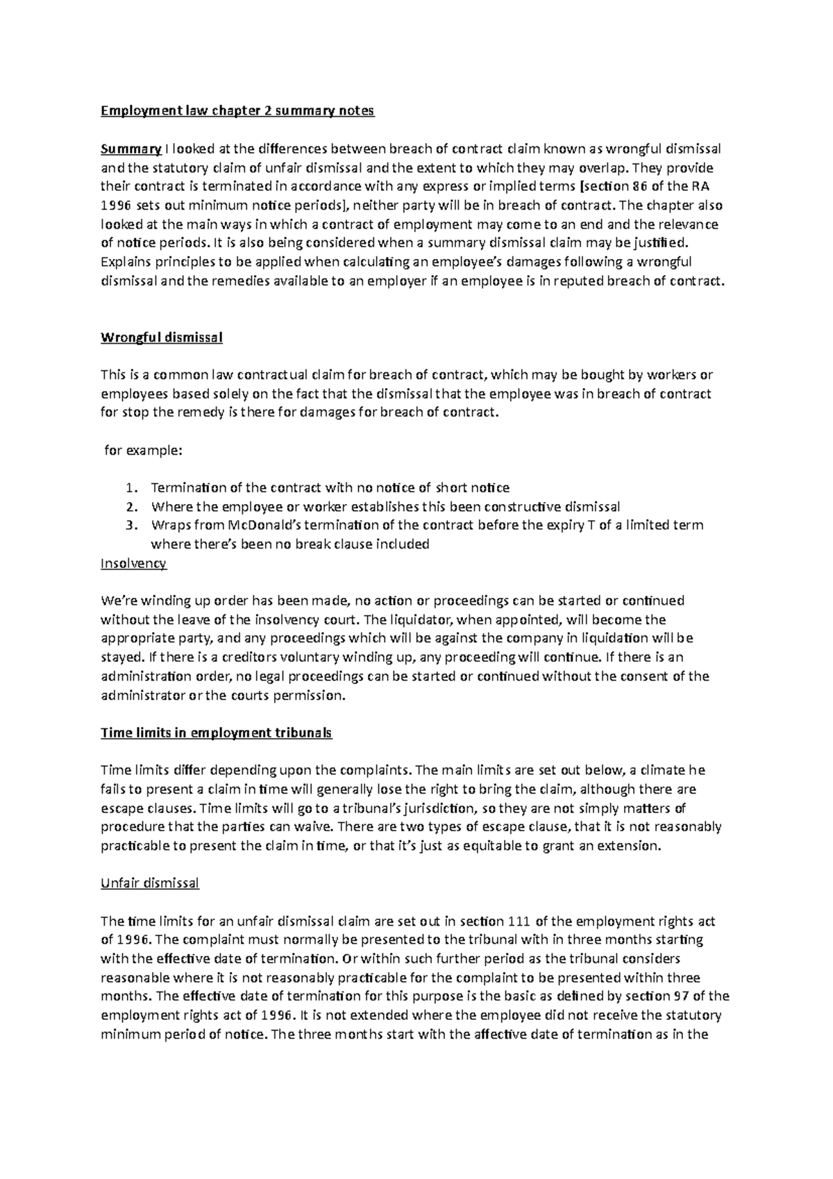 Employment law notes unfair dismissal and other claims - Employment law ...