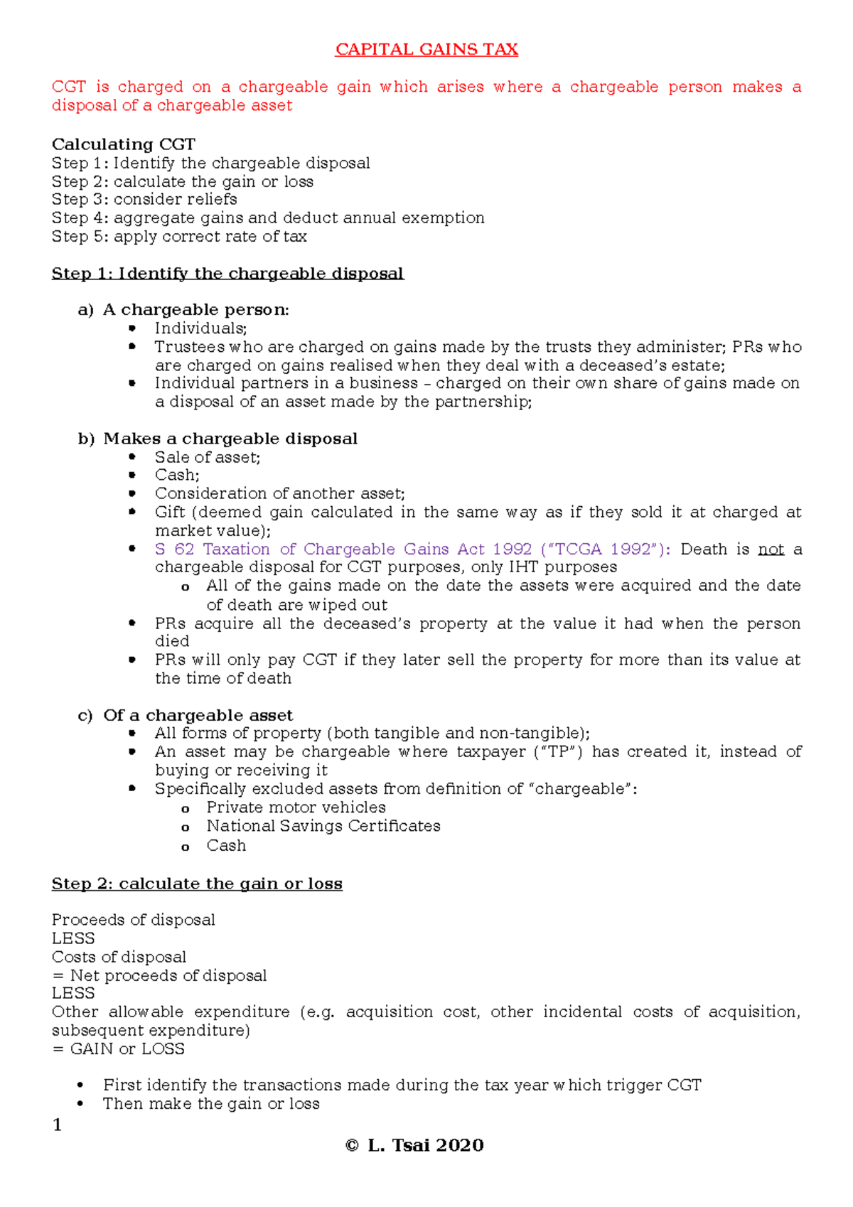 Capital Gains Tax wills table - CAPITAL GAINS TAX CGT is charged on a ...