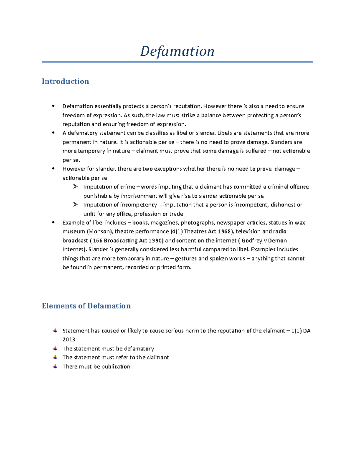Defamation Notes have a look - Defamation Introduction Defamation ...