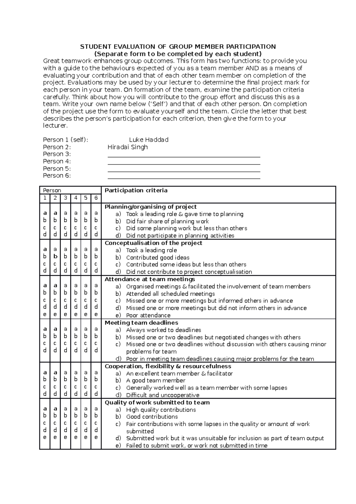 Student Evaluation OF Group Member Participation - STUDENT EVALUATION ...