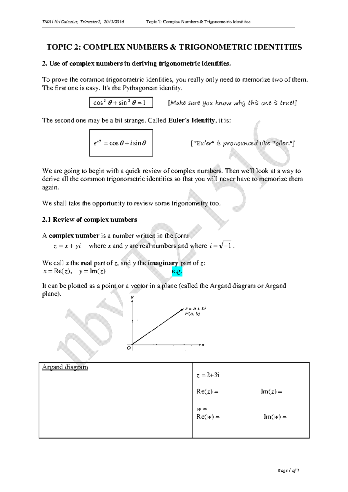 337693 TMA1101 Topic 02 Complex Num+Trig Identities TOPIC 2 COMPLEX