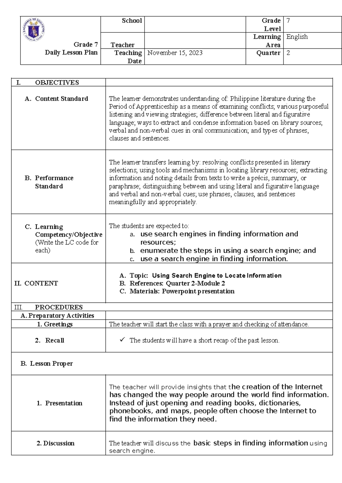 Nov. 15 - Good - Grade 7 Daily Lesson Plan School Grade Level 7 Teacher ...