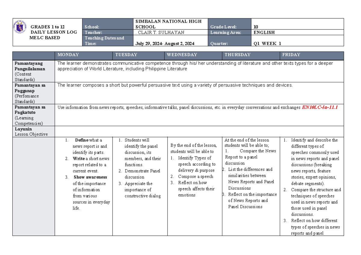 ENG 10 Q1 W1 DLL - Daily Lesson Log English 10 - GRADES 1 to 12 DAILY ...