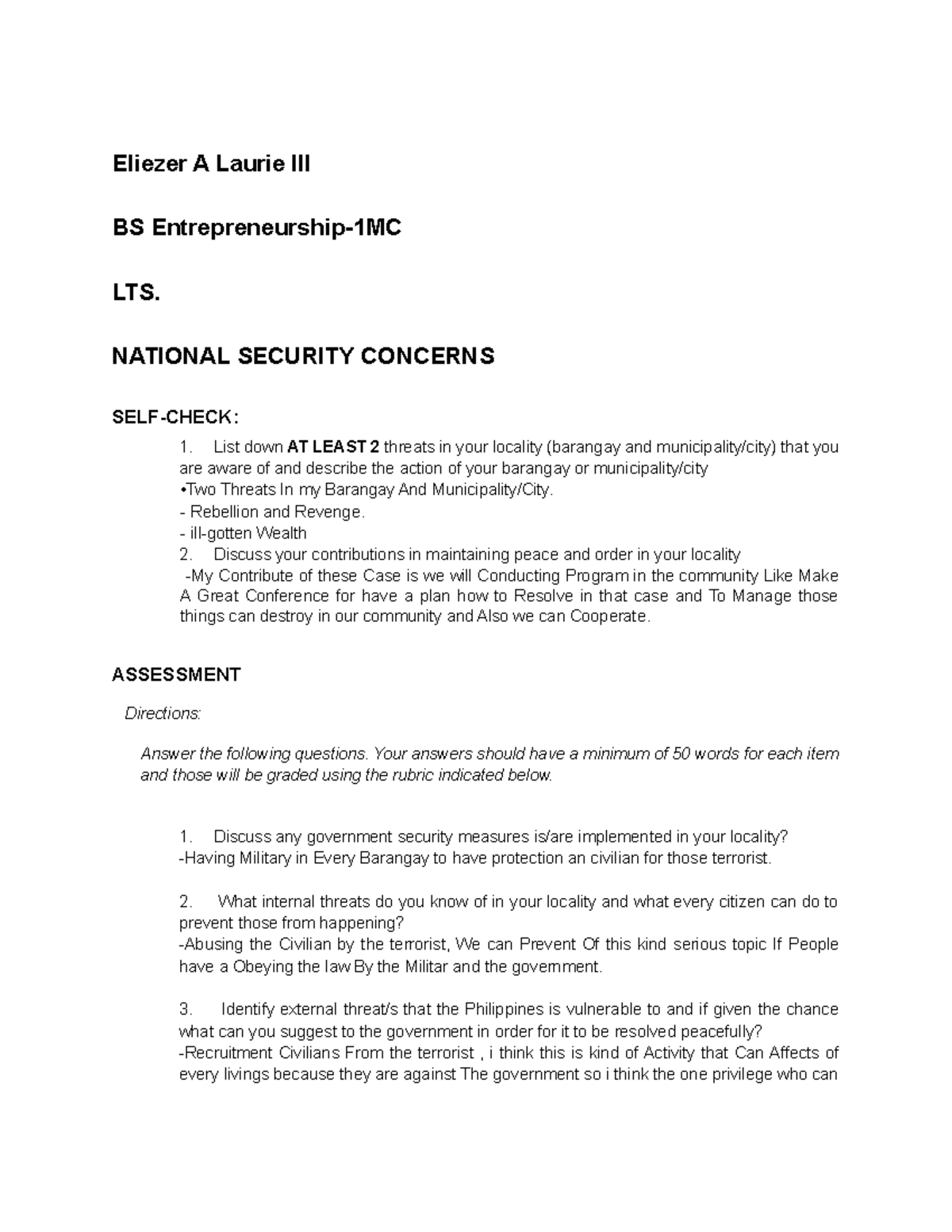 National Security Concerns Eliezer A Laurie lll BS Entrepreneurship