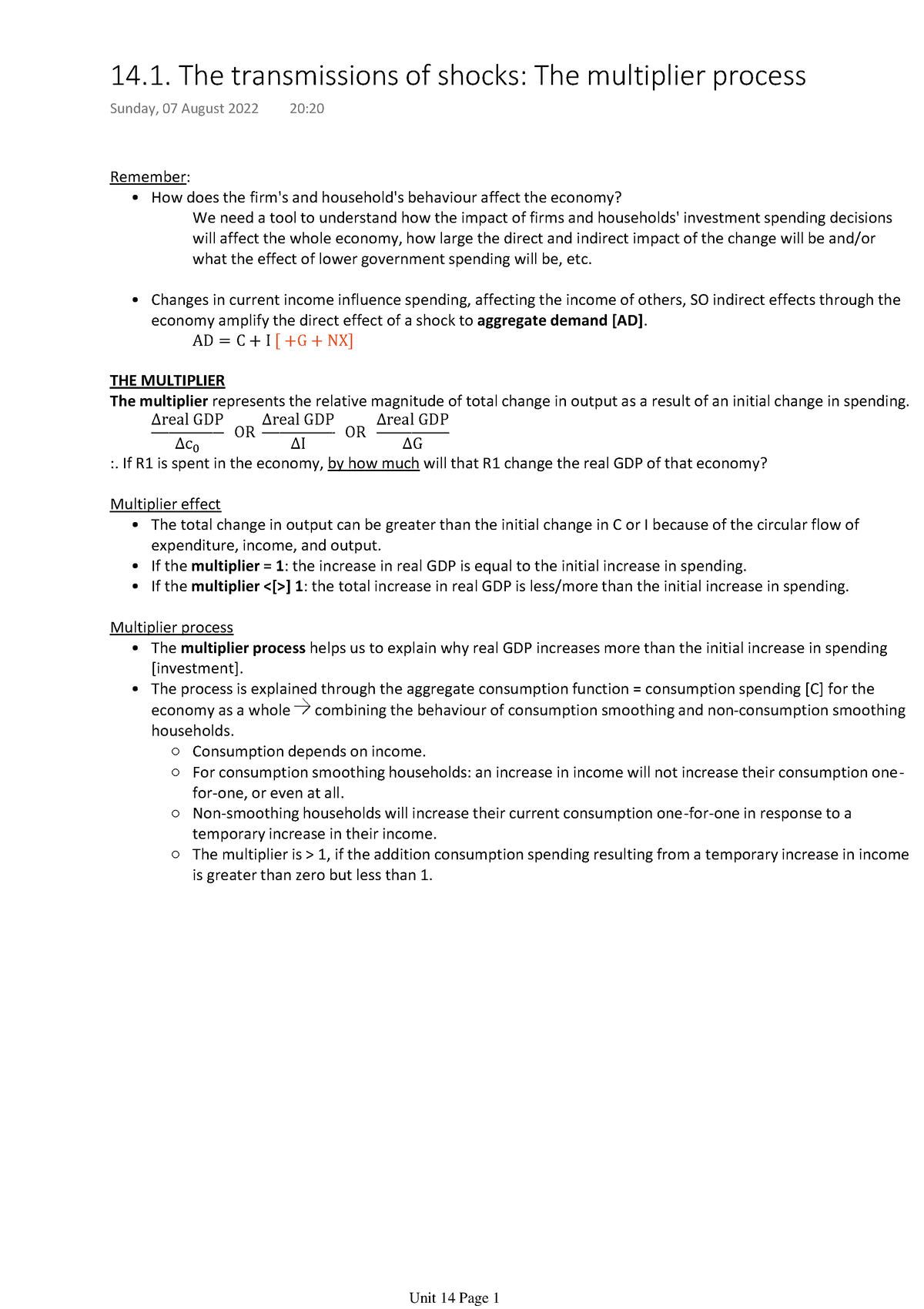 Unit 14 - Unit 14 Summaries From Economics 144 - Remember: How Does The ...