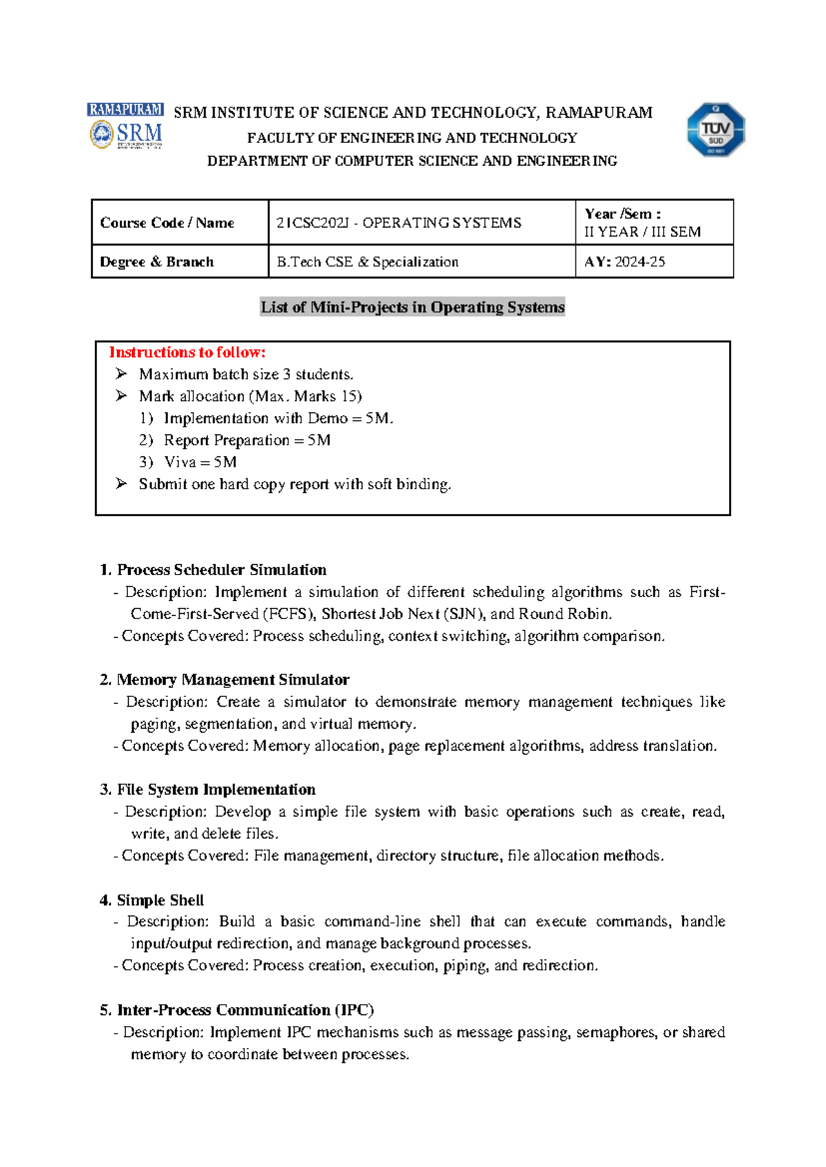 Mini-Projects - OS - mandatory assignments - SRM INSTITUTE OF SCIENCE ...
