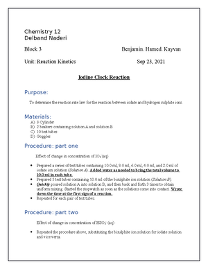 Lab Report Iodine Clock Reaction - Chemistry 12 Delband Naderi Block 3 ...