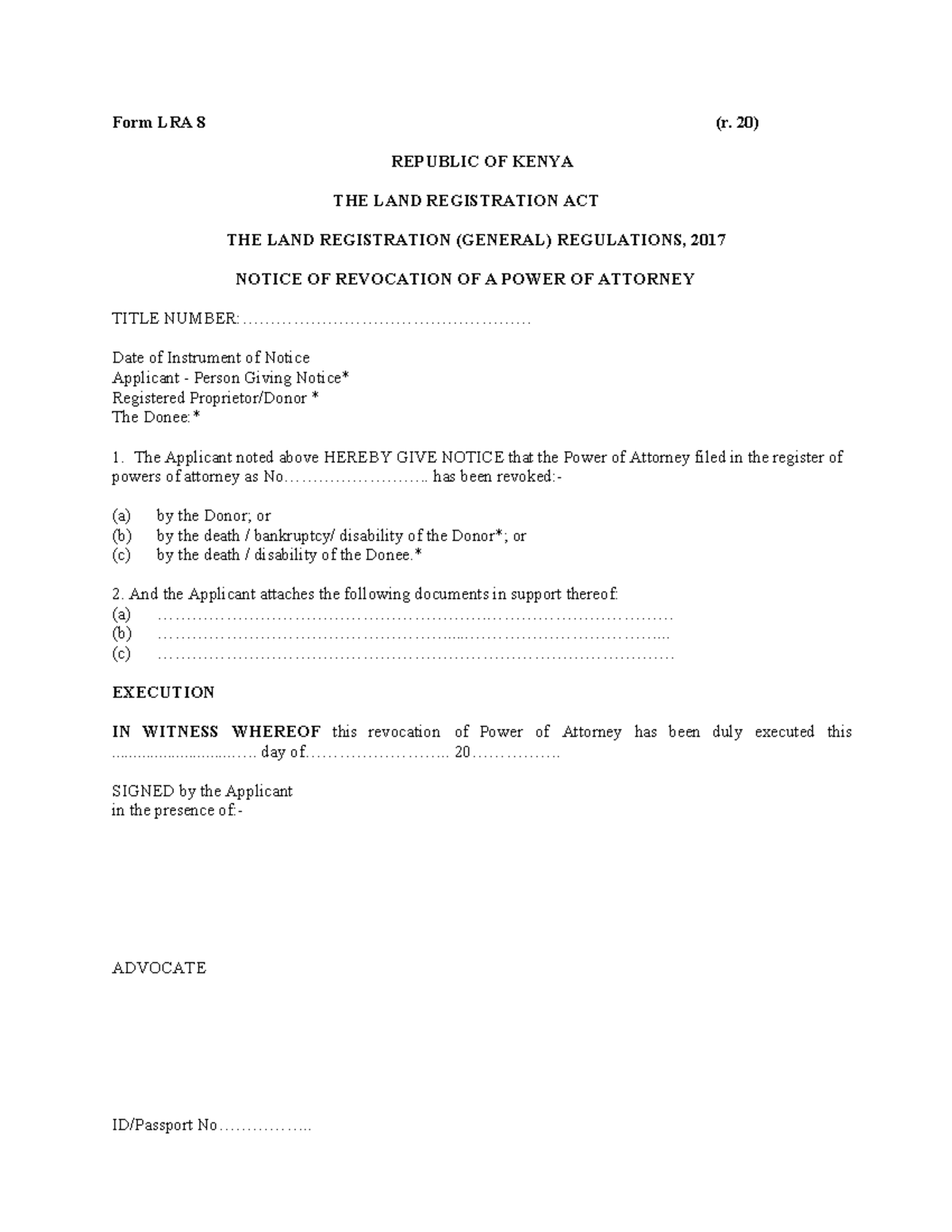 Form LRA 8 Notice OF Revocation OF A Power OF Attorney - Form LRA 8 (r ...