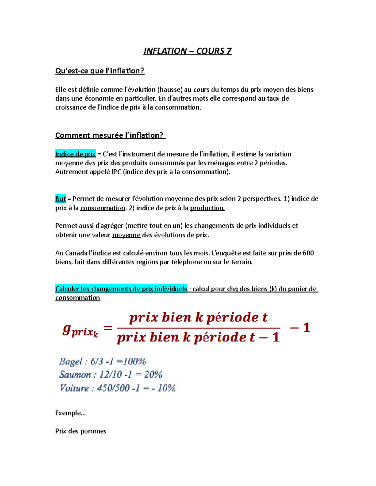 Notes Examen Final Eco2400 Inflation Cours 7 Quest Ce Que L