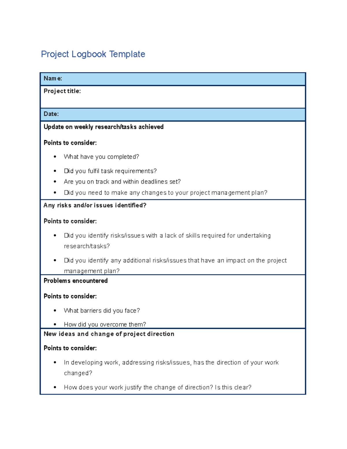 Weekly log book - Example log book - Project Logbook Template Name ...