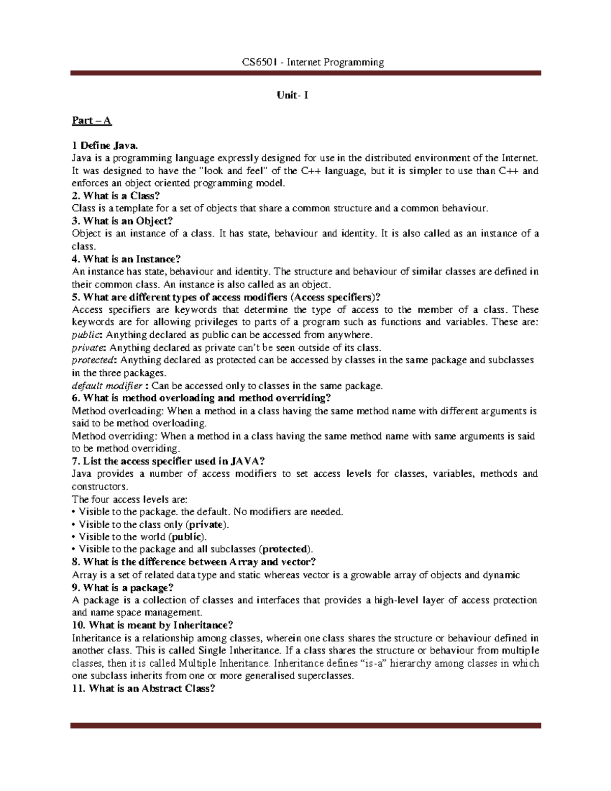 Question bank for Unit 1 - Part – A 1 Define Java. Unit- I Java is a ...