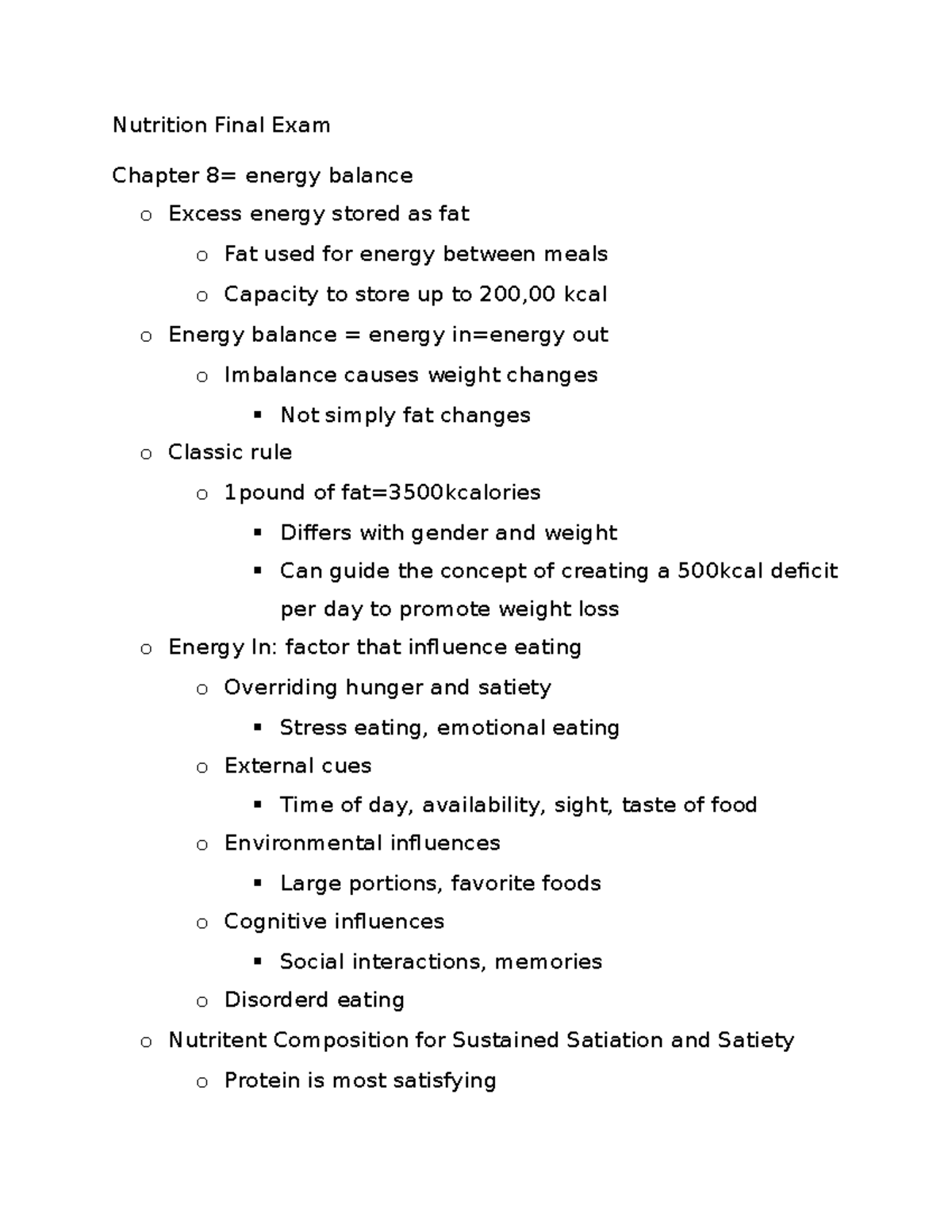 Nutrition Final Exam Nutrition Final Exam Chapter 8= energy balance o