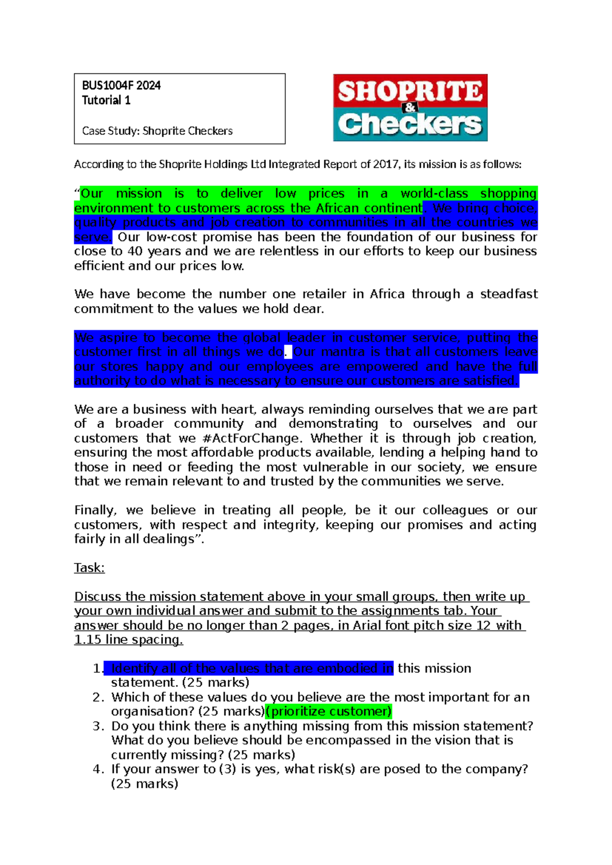 Tutorial 1 BUS1004F 2024 According to the Shoprite Holdings Ltd