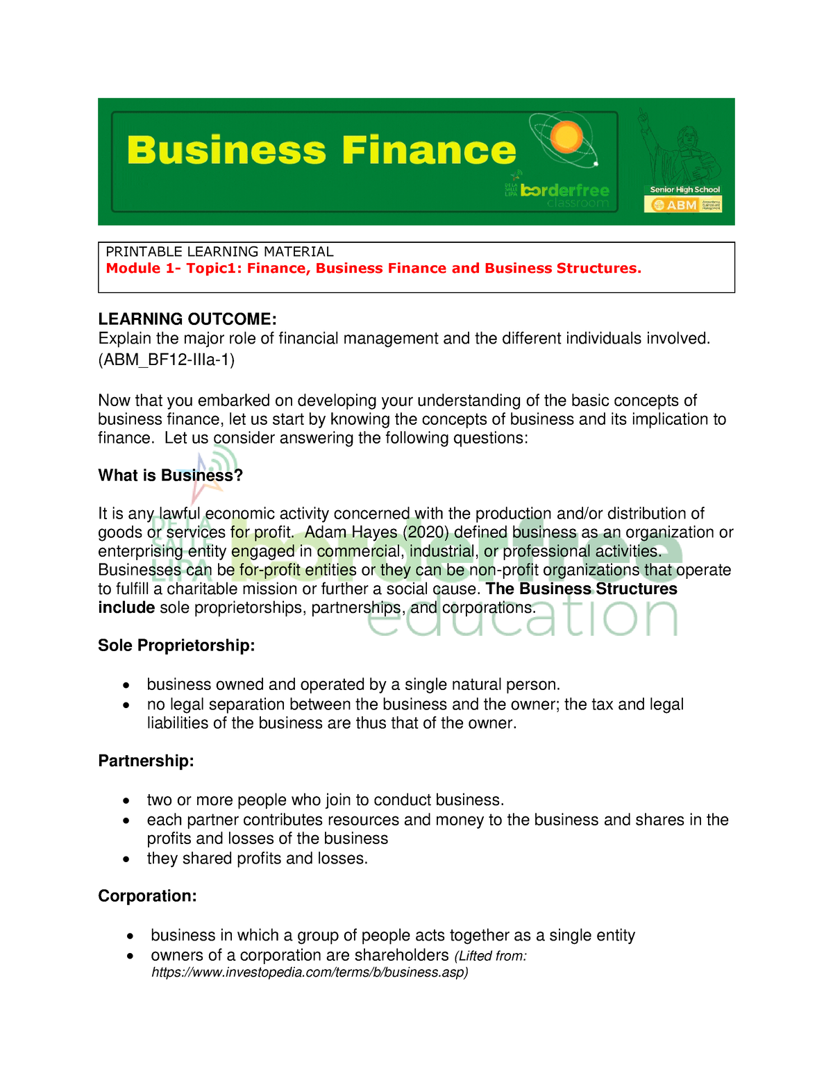 Module 1- Topic 1 - Introduction To Business - PRINTABLE LEARNING ...