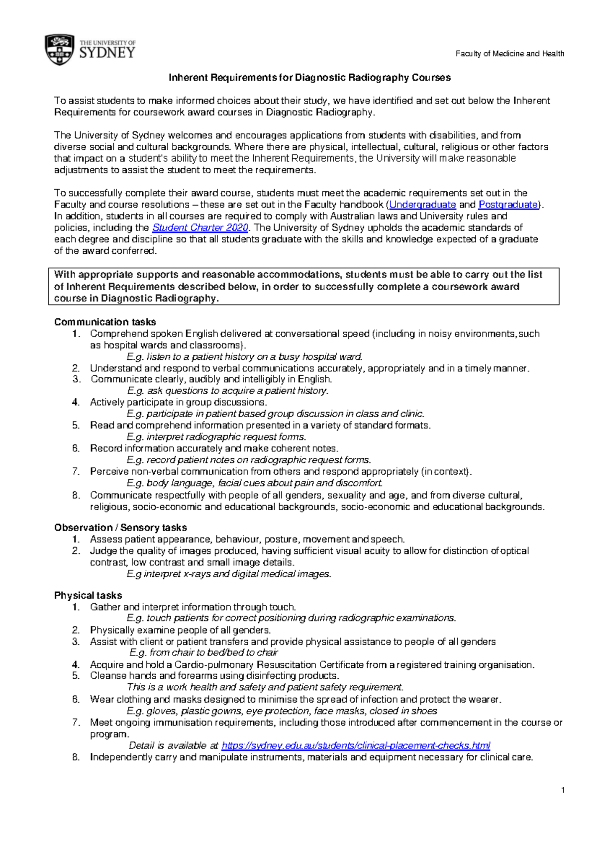Diagnostic radiography inherent requirements - Faculty of Medicine and ...