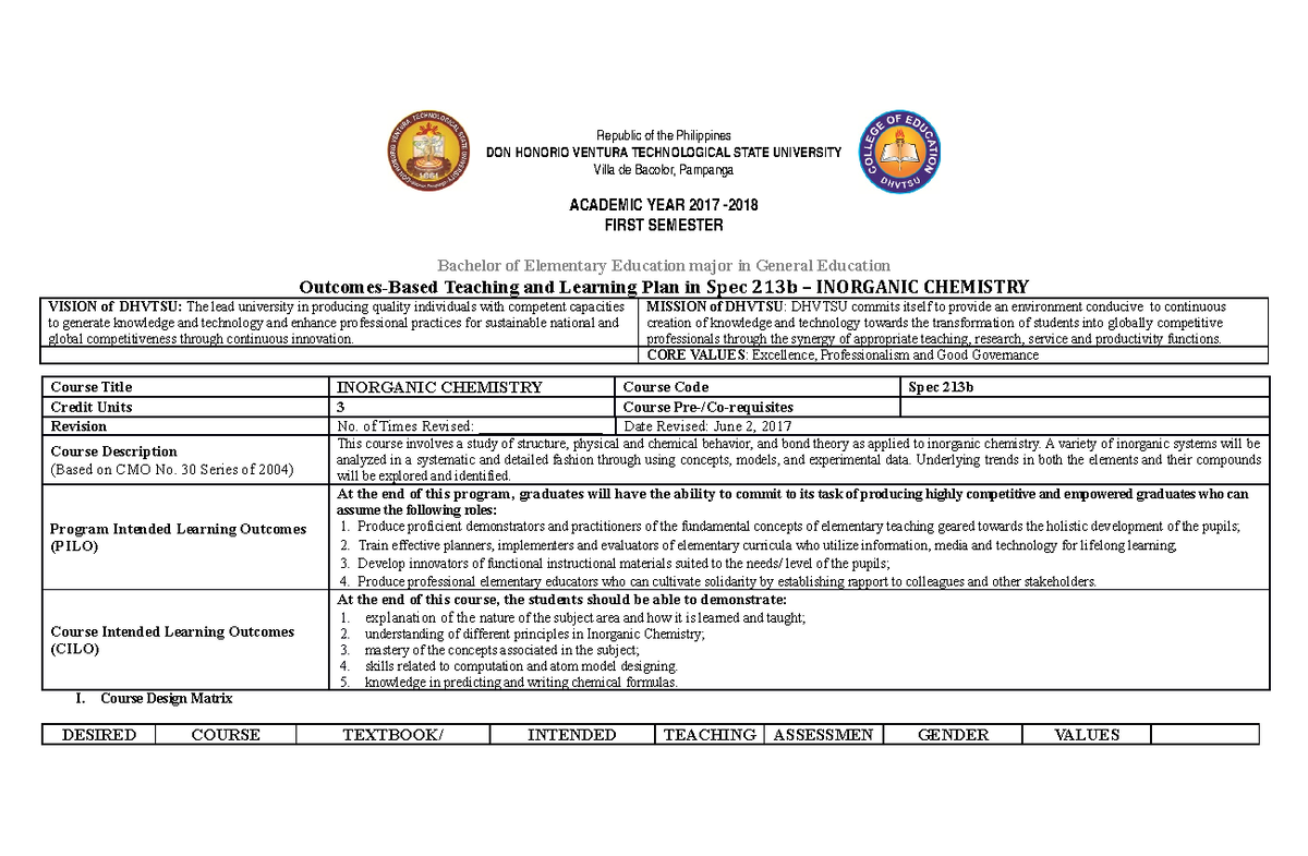 OBTL Chem 1st Sem 17-18 - Inorganic Chemistry Syllabus - Republic Of ...