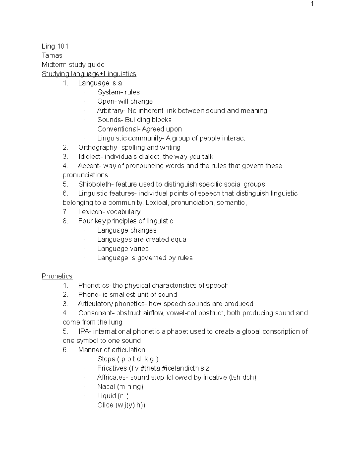 Midterm Study Guide - Ling 101 Tamasi Midterm study guide Studying ...