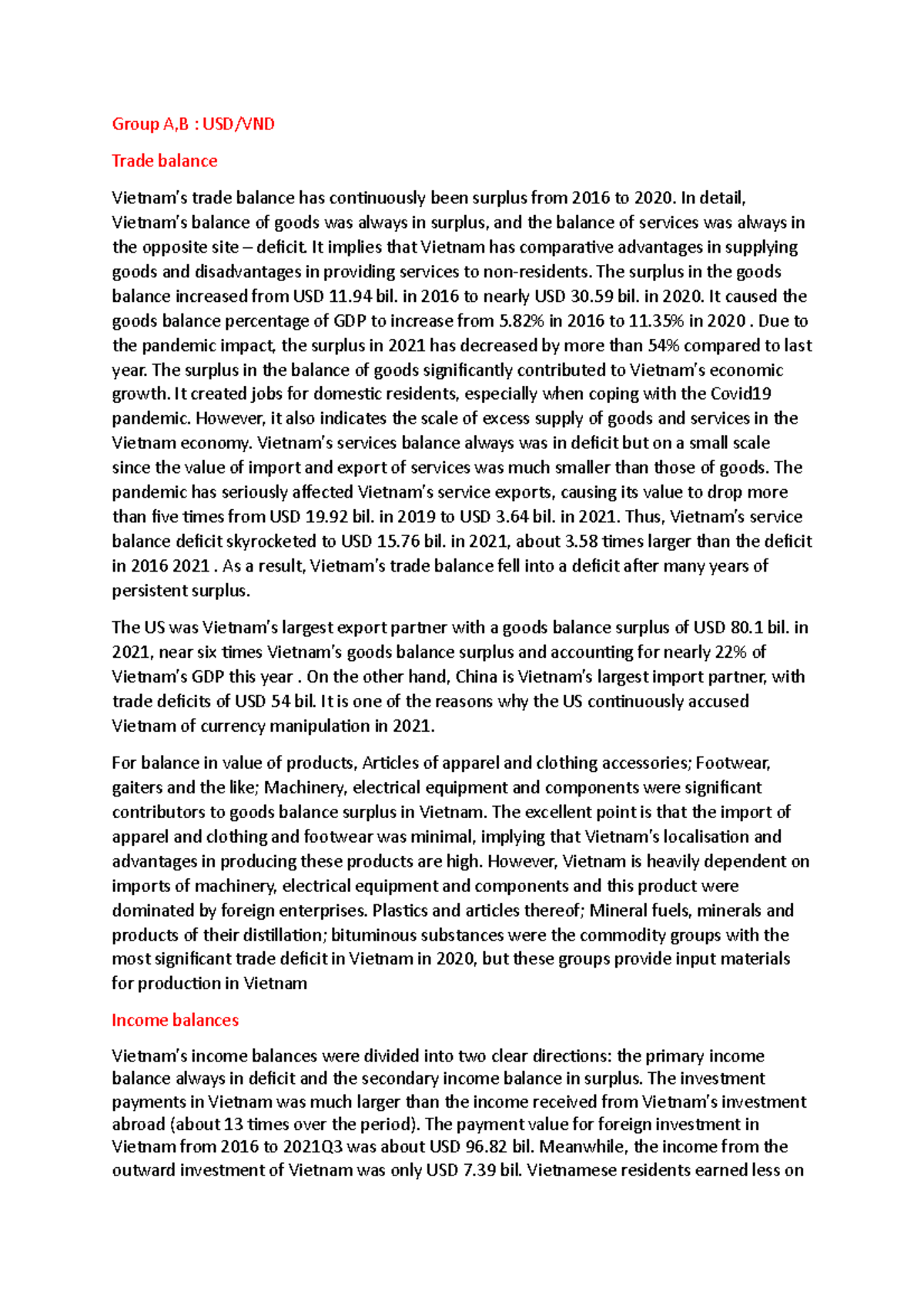 Group AB .. Group A,B USD/VND Trade balance Vietnam's trade