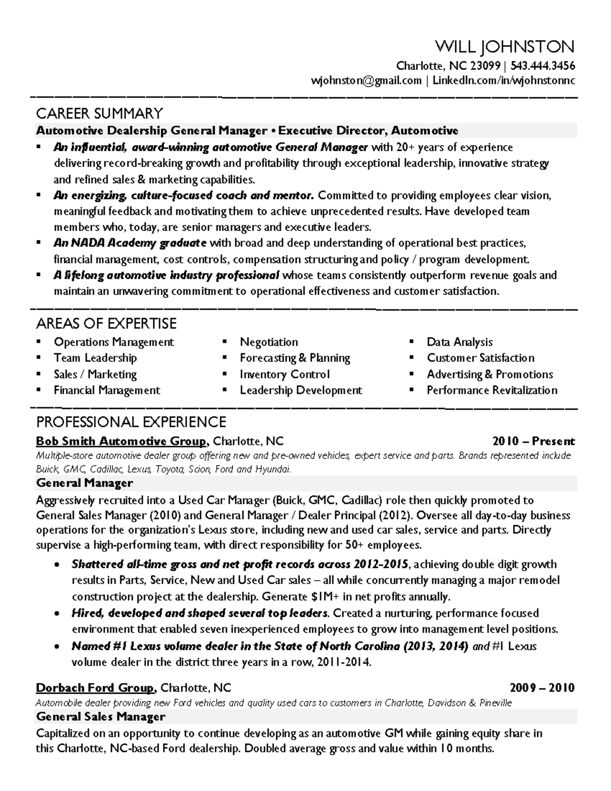 Sample Resume 1 - aasdfasdf - WILL JOHNSTON Charlotte, NC 23099 | 543 ...